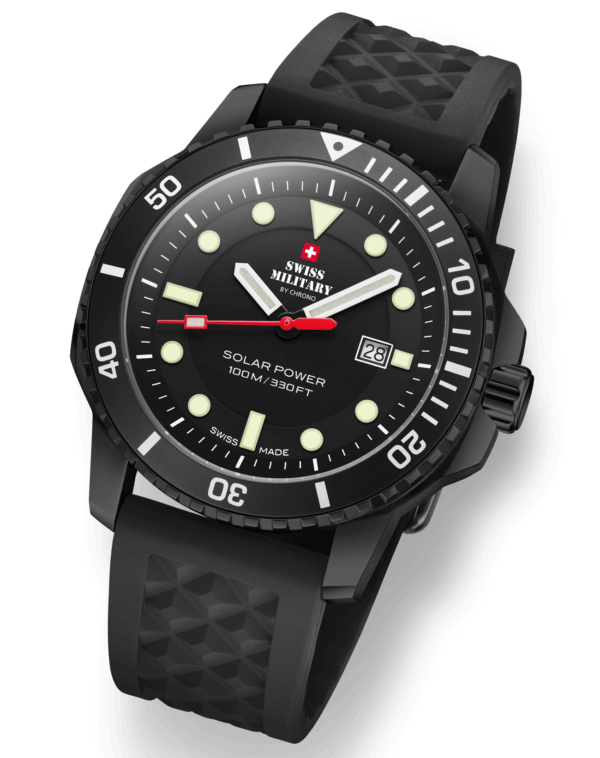 Swiss Military SMS34102.01 Swiss Solar Sports Watch oblique view – black dial, rubber band and PVD plated case.