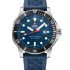 Swiss Military SMS34102.04 Solar Sports Watch with blue dial, blue rubber band, 43mm stainless steel case, and black aluminum bezel.