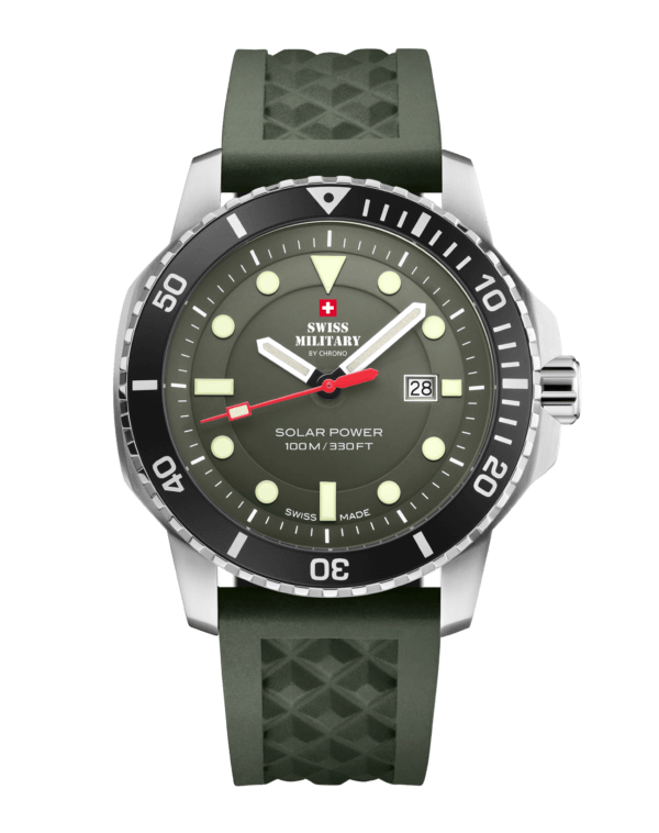 Swiss Military SMS34102.05 Solar Sports Watch featuring a green dial and black uni-directional bezel.