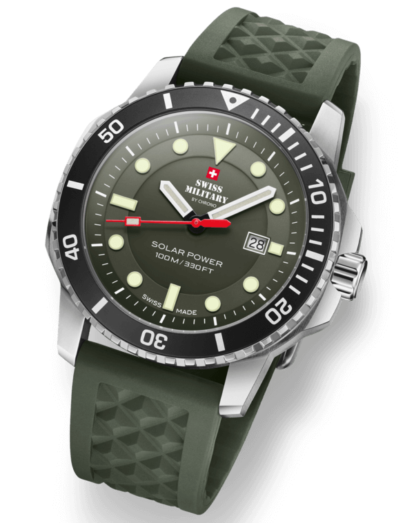 Angle view of the Swiss Military SMS34102.05 Solar Sports Watch with black bezel and green band.