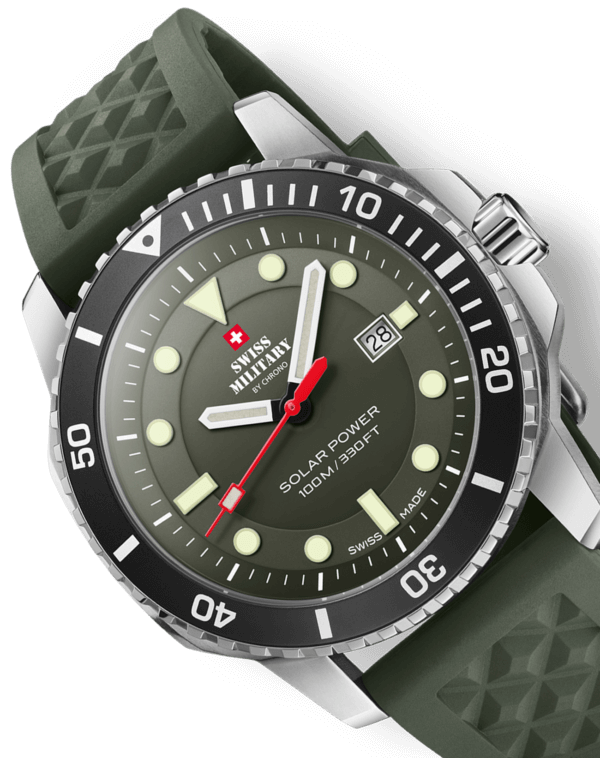 Close-up of the green Swiss Military SMS34102.05 Solar Sports Watch with a black aluminum bezel.