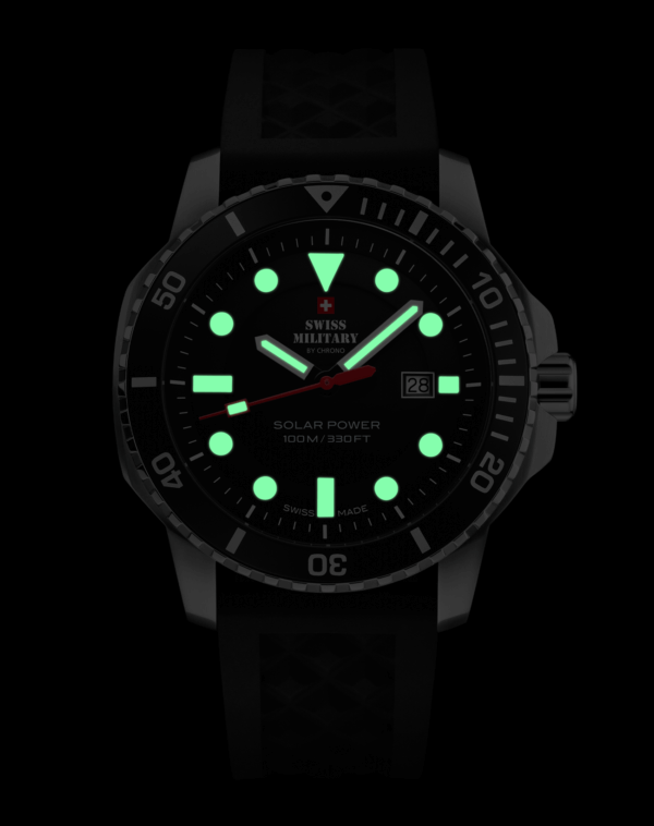 Swiss Military SMS34102 in the dark – highlighting luminous hour markers and hands.