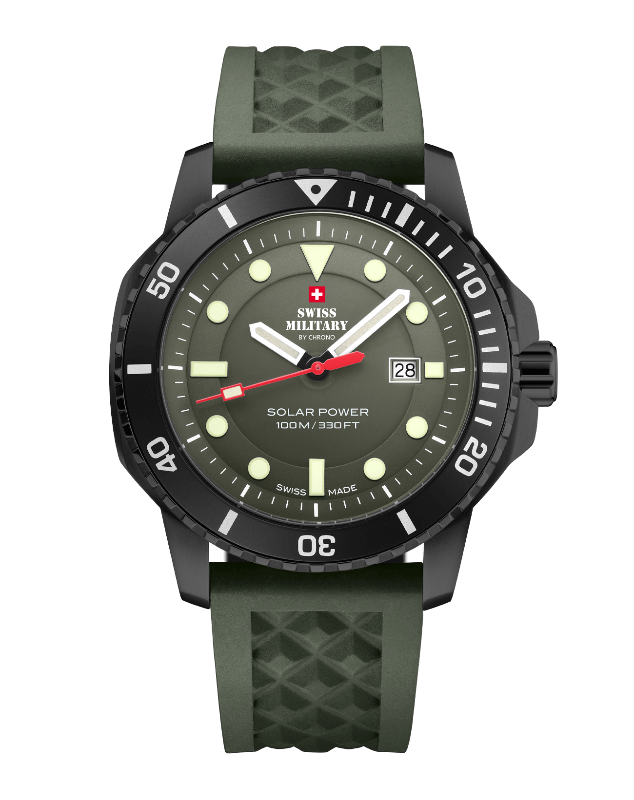 wiss Military SMS34102.06 Swiss Solar Sports Watch with green dial, black PVD-coated case, and green rubber band