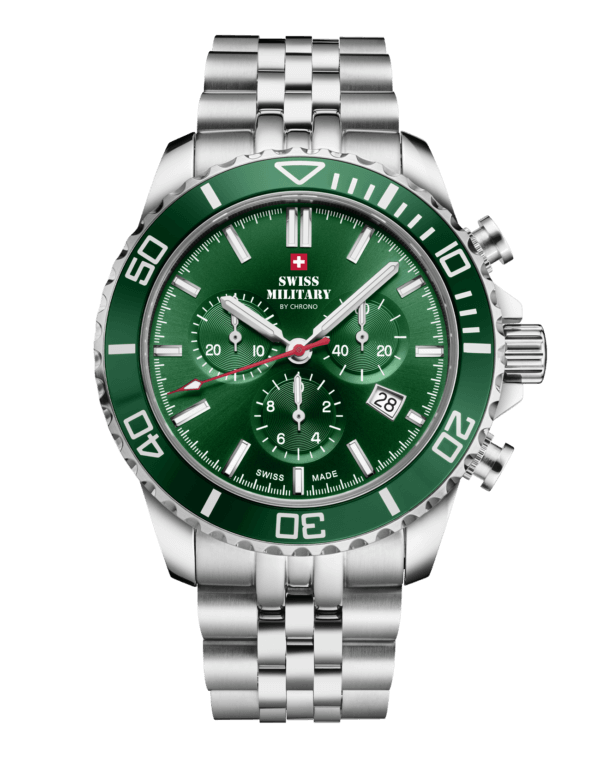 SM34103.04 Swiss Sports Chronograph Watch with green dial and bezel, featuring Swiss-made precision and 100M water resistance.