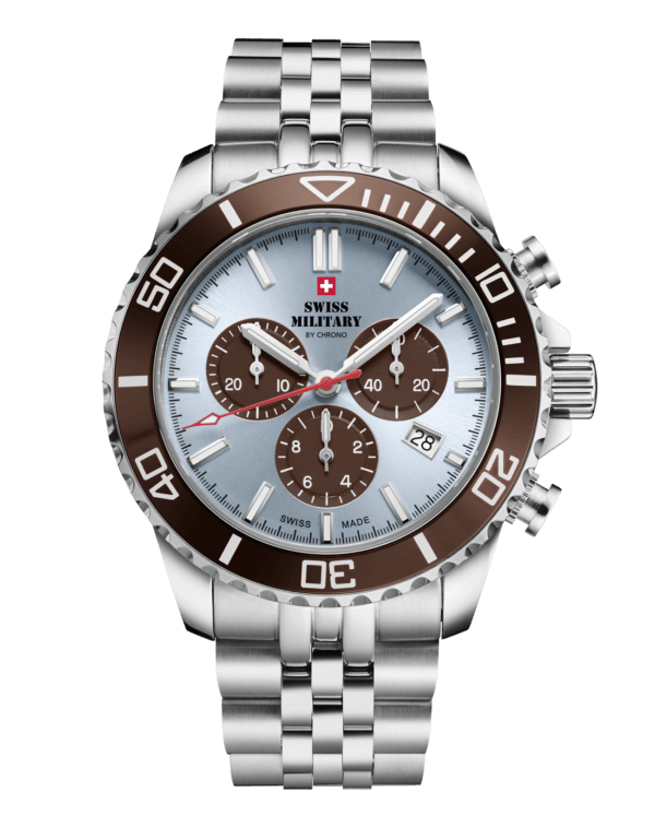 SM34103.06 Swiss Sports Chronograph Watch with a light blue dial, brown rotating bezel, and stainless steel bracelet, showcasing Swiss-made quality.