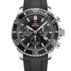 SM34103.07 Swiss Sports Chronograph Watch with black dial, black bezel, and black rubber band, featuring Swiss-made movement and 100M water resistance.