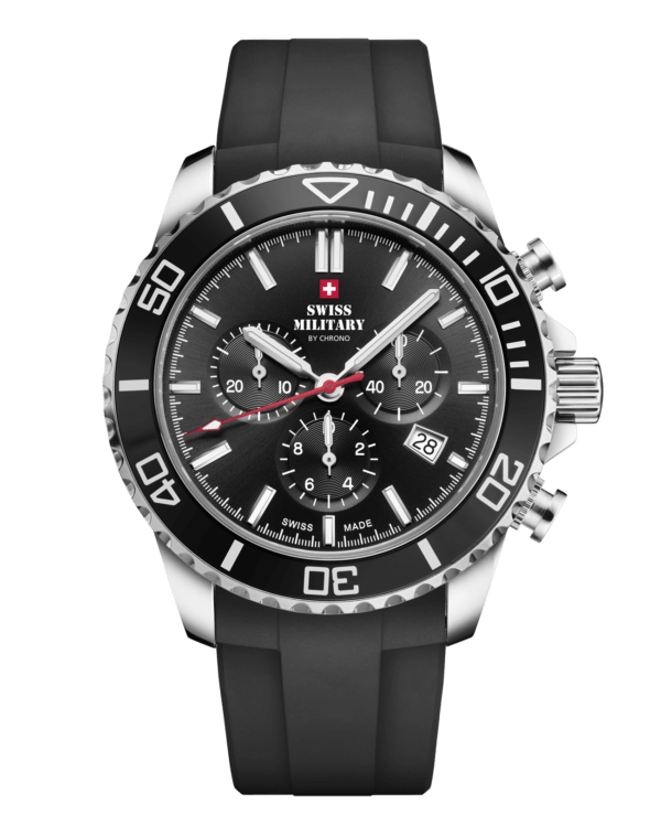 SM34103.07 Swiss Sports Chronograph Watch with black dial, black bezel, and black rubber band, featuring Swiss-made movement and 100M water resistance.