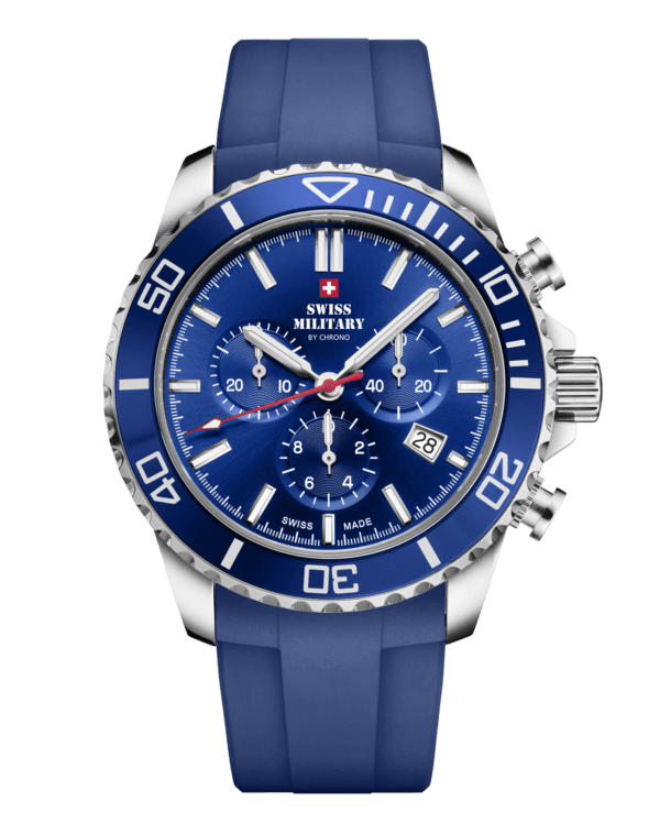 SM34103.08 Swiss Sports Chronograph Watch with blue dial, blue bezel, and blue rubber band, featuring Swiss-made movement and 100M water resistance.