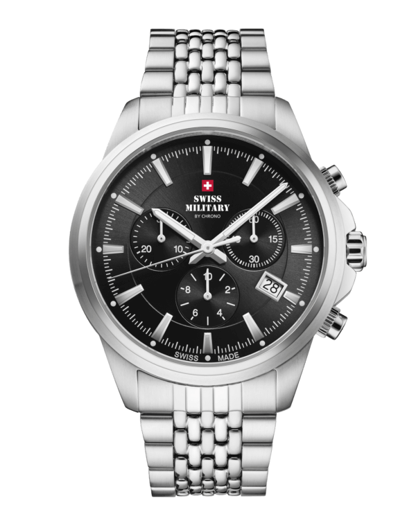 Swiss Military SM34107.01 Classic Chronograph Watch Black Steel with black sunray dial and stainless steel bracelet