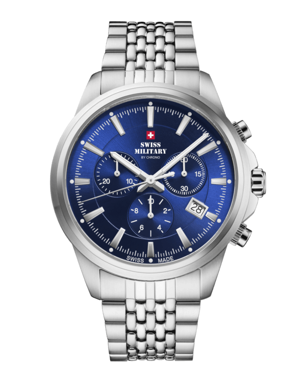 Swiss Military SM34107.03 Classic Chronograph Watch Blue Steel with blue sunray dial, stainless steel case, and bracelet.