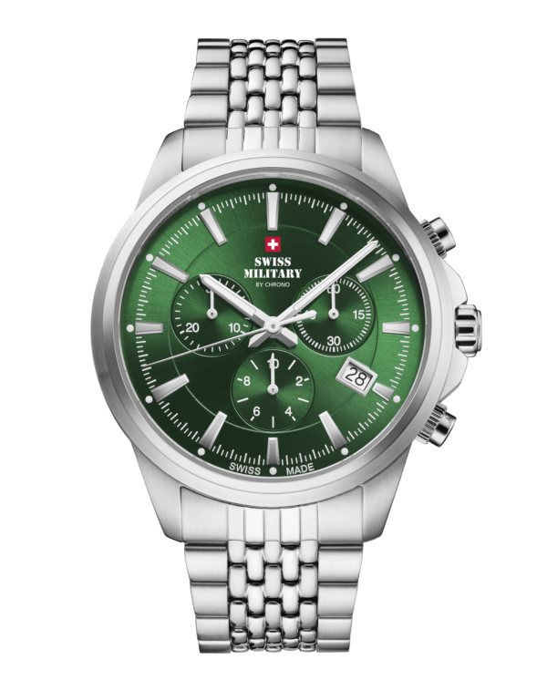 Swiss Military SM34107.04 Classic Chronograph Watch Green Steel with green sunray dial, stainless steel case, and bracelet