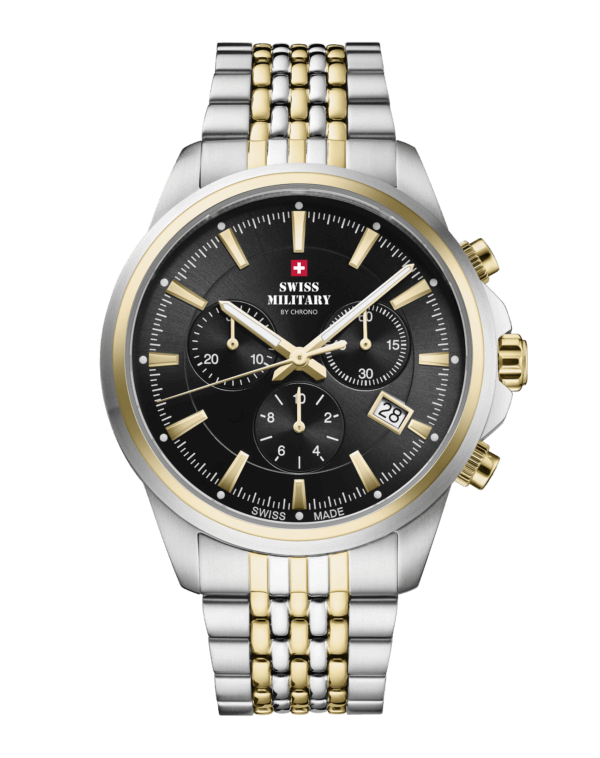 Swiss Military SM34107.05 Classic Chronograph Watch Black Bicolor with black sunray dial, bicolor stainless steel case, and bracelet.