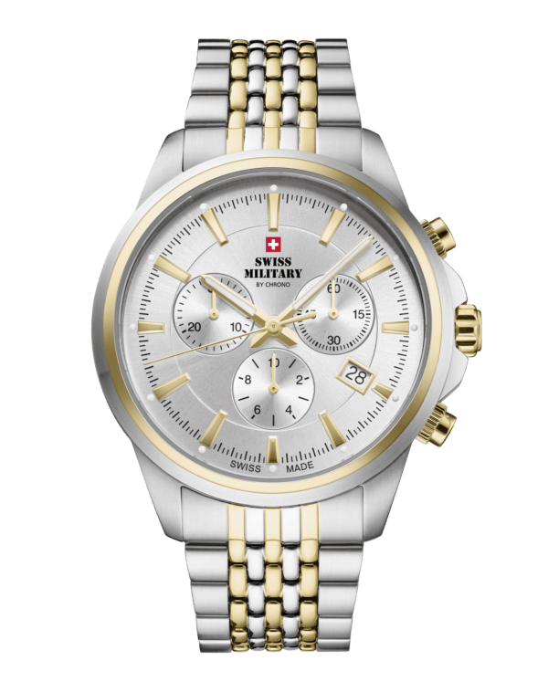 Swiss Military SM34107.06 Classic Chronograph Watch with silver sunray dial, bicolor stainless steel case, and Swiss-made chronograph movement.