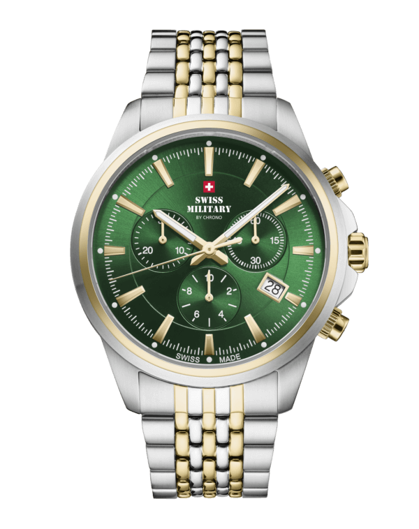 Swiss Military SM34107.07 Classic Chronograph Watch with a green sunray dial, bicolor stainless steel case, and bracelet featuring slim center links.