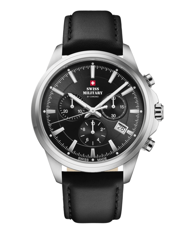 Swiss Military SM34107.10 Classic Chronograph Watch with a black sunray dial, stainless steel case, and smooth black leather strap.