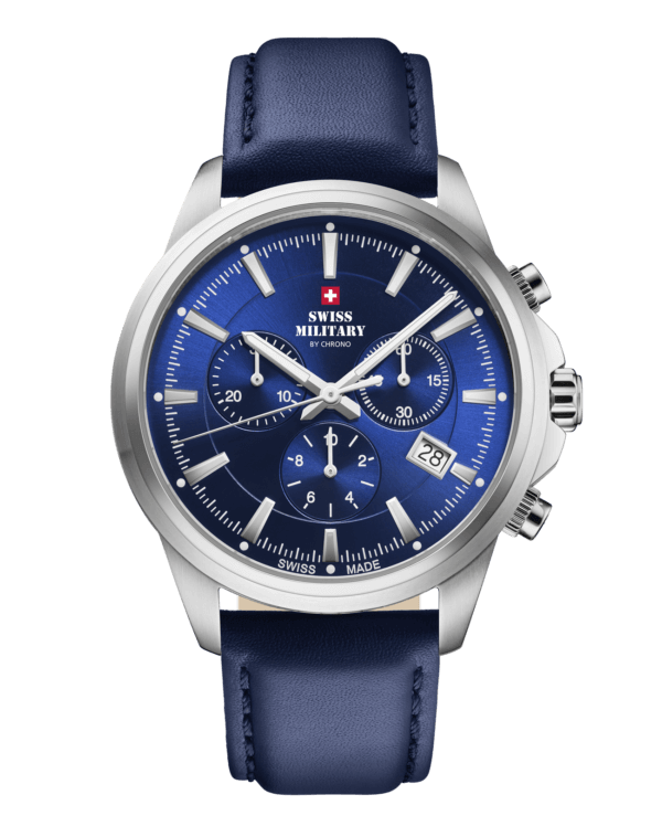 Swiss Military SM34107.112 Classic Chronograph Watch with a blue sunray dial, stainless steel case, and matching blue leather strap.