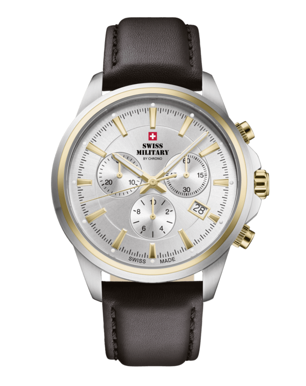 Swiss Military SM34107.15 Classic Chronograph Watch with a silver sunray dial, bicolor stainless steel case, and black leather strap.