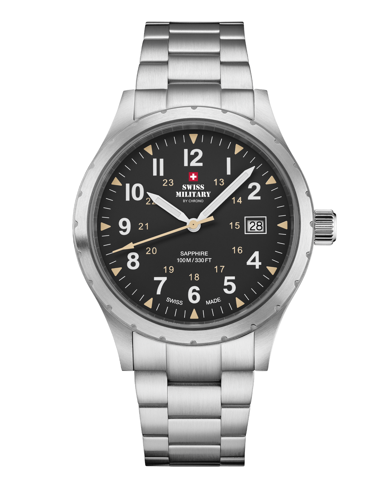 Classic Army Style Watch Black Steel with bold black dial and stainless steel case, crafted in Switzerland.