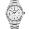 Swiss Military SM34108.02 Classic Army Style Watch with a matte white dial, brushed stainless steel case and bracelet, beige hour markers, and luminous hands.