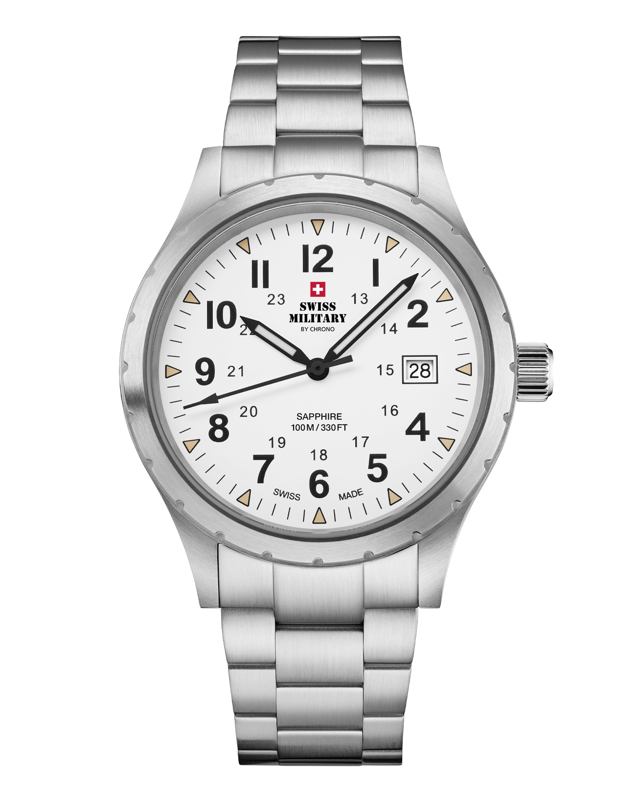 Swiss Military SM34108.02 Classic Army Style Watch with a matte white dial, brushed stainless steel case and bracelet, beige hour markers, and luminous hands.