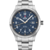 Swiss Military SM34108.03 Classic Army Style Watch with matte blue dial, beige military hours, luminous hands, and brushed stainless steel case.