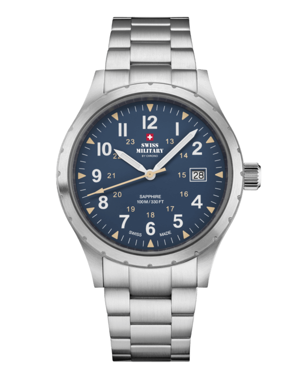 Swiss Military SM34108.03 Classic Army Style Watch with matte blue dial, beige military hours, luminous hands, and brushed stainless steel case.