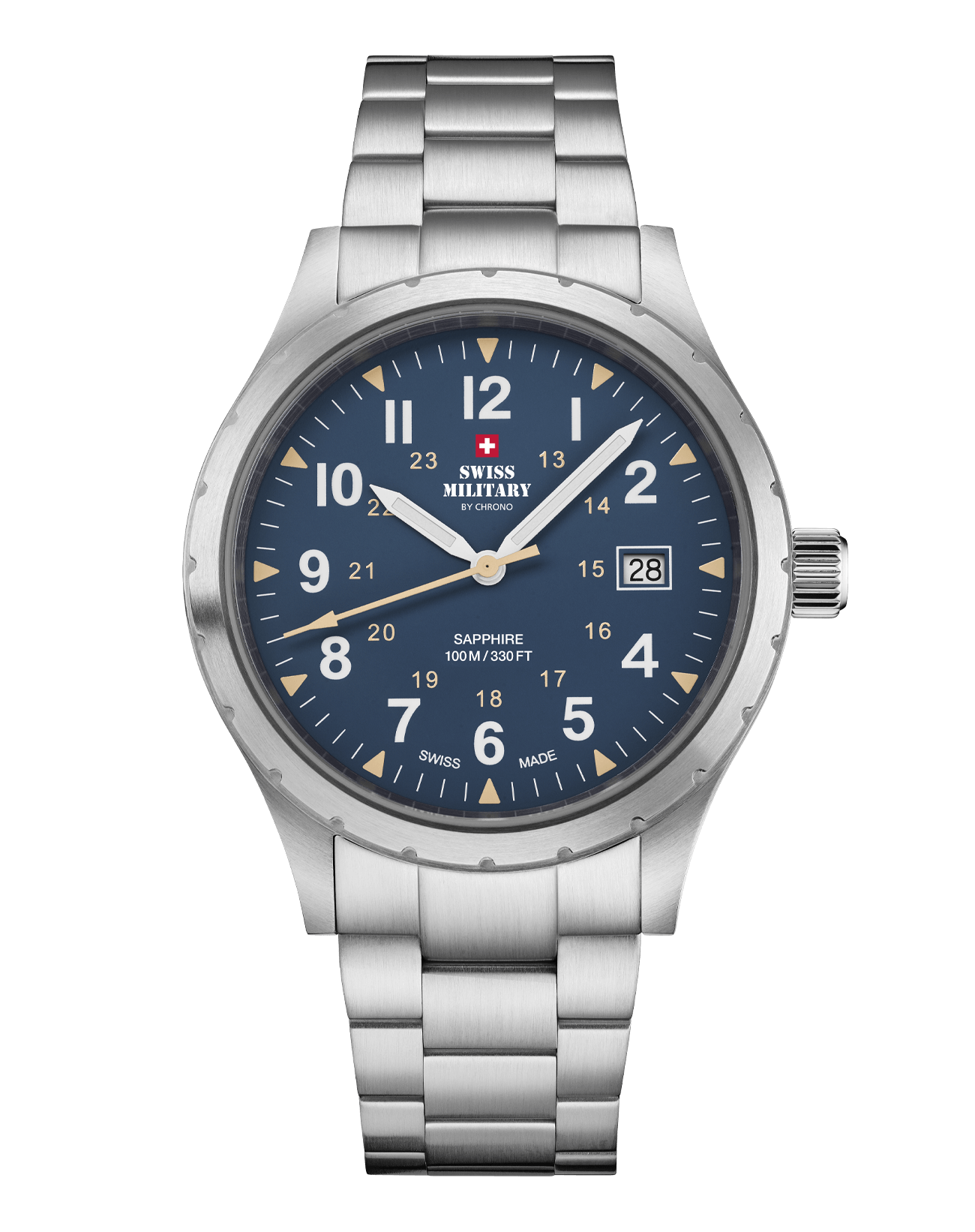 Swiss Military SM34108.03 Classic Army Style Watch with matte blue dial, beige military hours, luminous hands, and brushed stainless steel case.