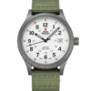 Swiss Military SM34108.04 Classic Army Style Watch with grey sandblast-finished stainless steel case, luminous hands, and green canvas strap.