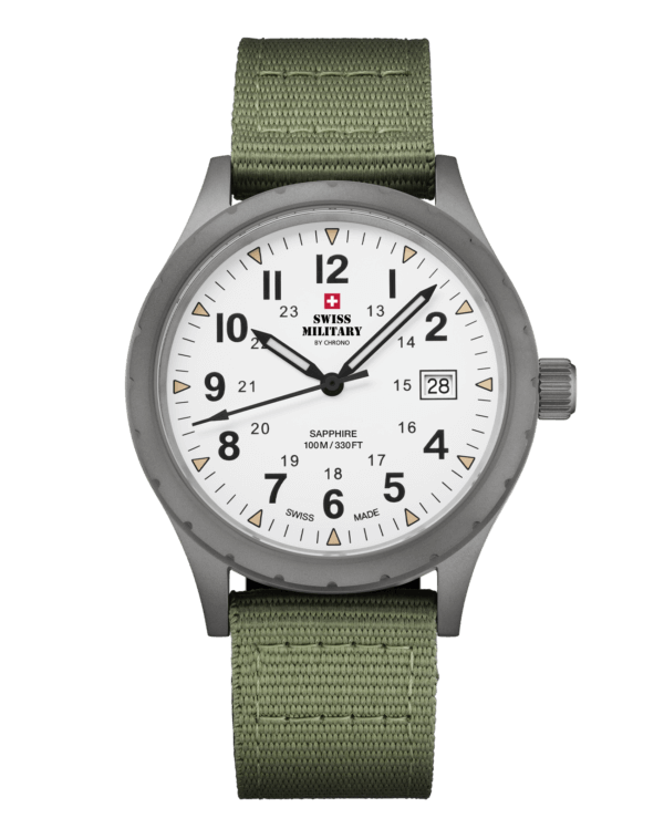 Swiss Military SM34108.04 Classic Army Style Watch with grey sandblast-finished stainless steel case, luminous hands, and green canvas strap.