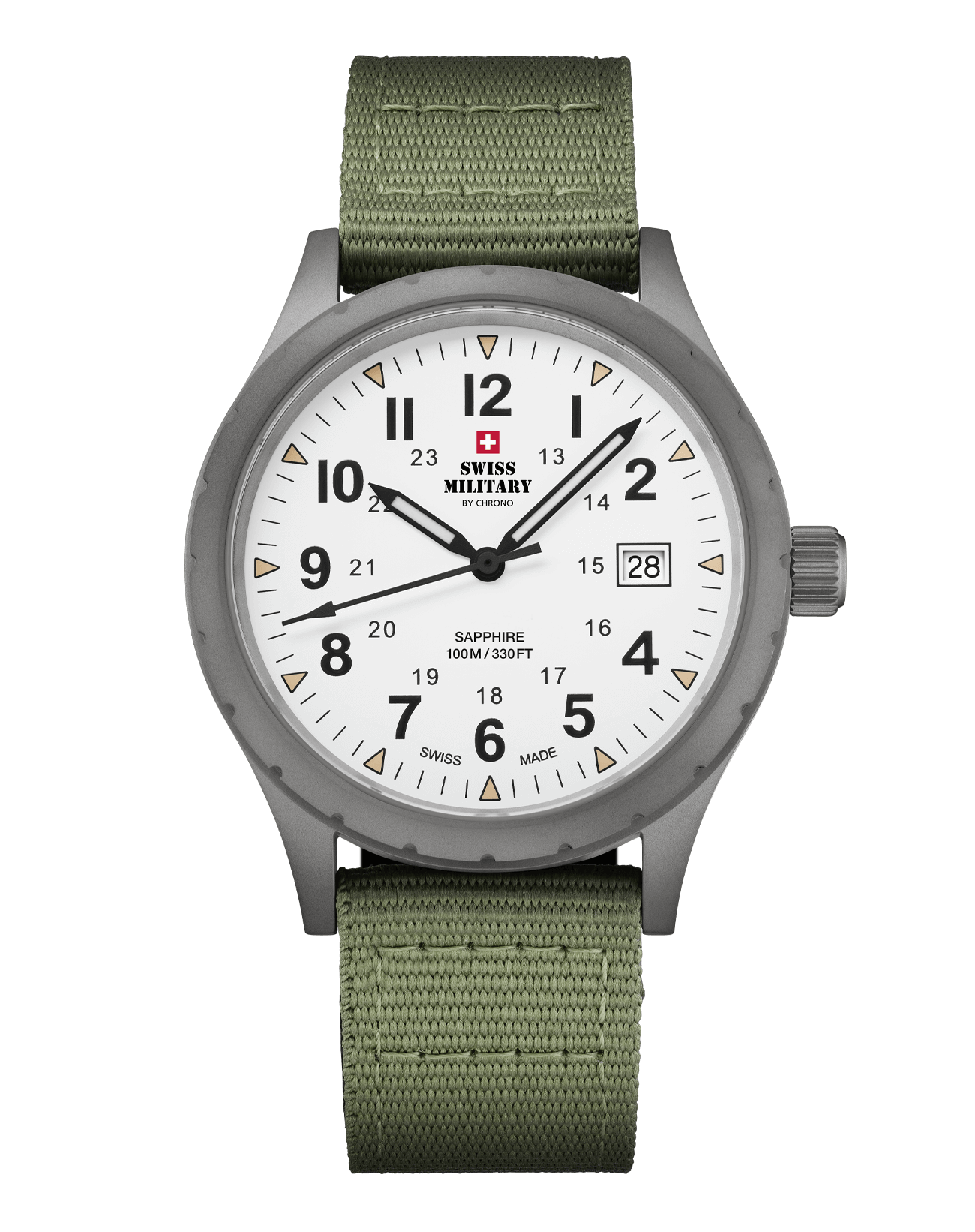 Swiss Military SM34108.04 Classic Army Style Watch with grey sandblast-finished stainless steel case, luminous hands, and green canvas strap.