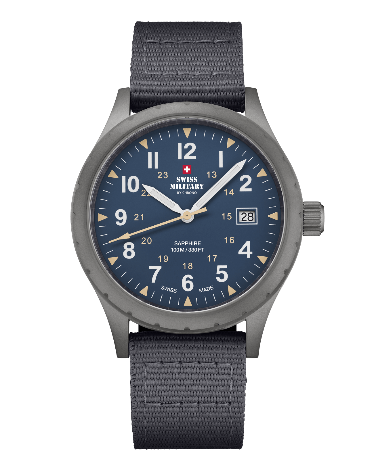 Swiss Military SM34108.05 Classic Army Style Watch with blue dial, stainless steel case with grey sandblast finish, luminous Arabic numerals, additional military hours, and a grey canvas strap.