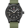 Swiss Military SM34108.07 Classic Army Style Watch with matte black dial, sandblast finish case, black PVD plating, and green canvas strap.