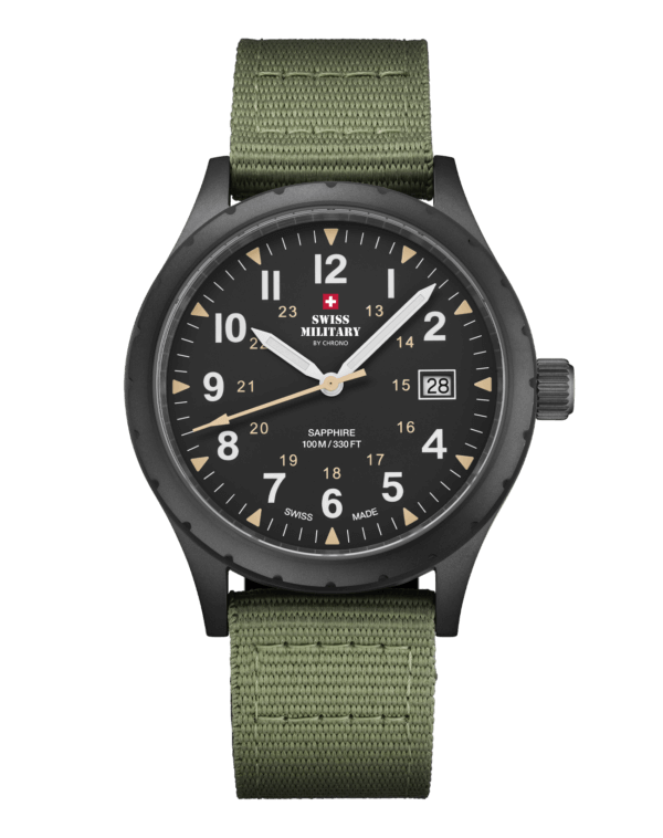 Swiss Military SM34108.07 Classic Army Style Watch with matte black dial, sandblast finish case, black PVD plating, and green canvas strap.