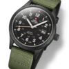 Swiss Military SM34108.07 Classic Army Style Watch with matte black dial, sandblast finish case, black PVD plating, and green canvas strap.