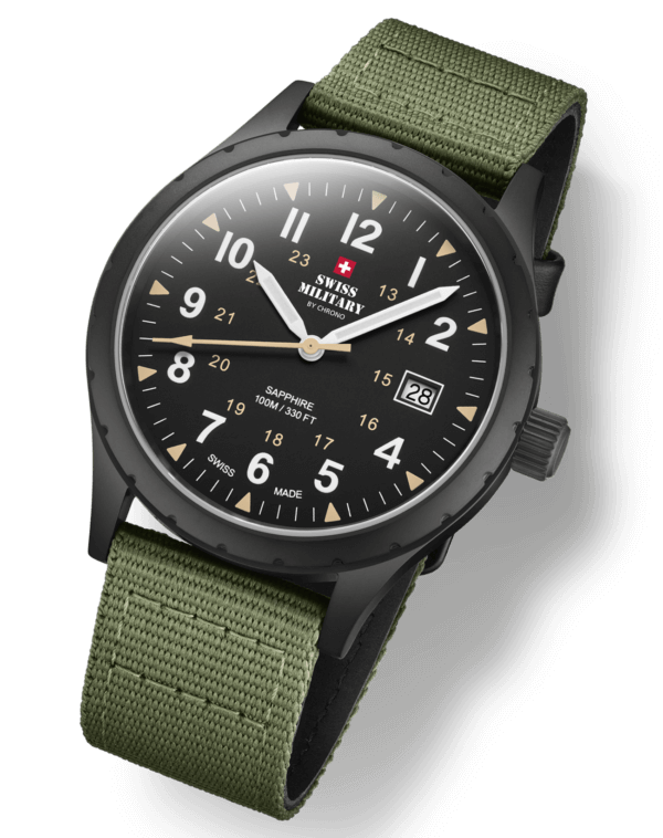 Swiss Military SM34108.07 Classic Army Style Watch with matte black dial, sandblast finish case, black PVD plating, and green canvas strap.