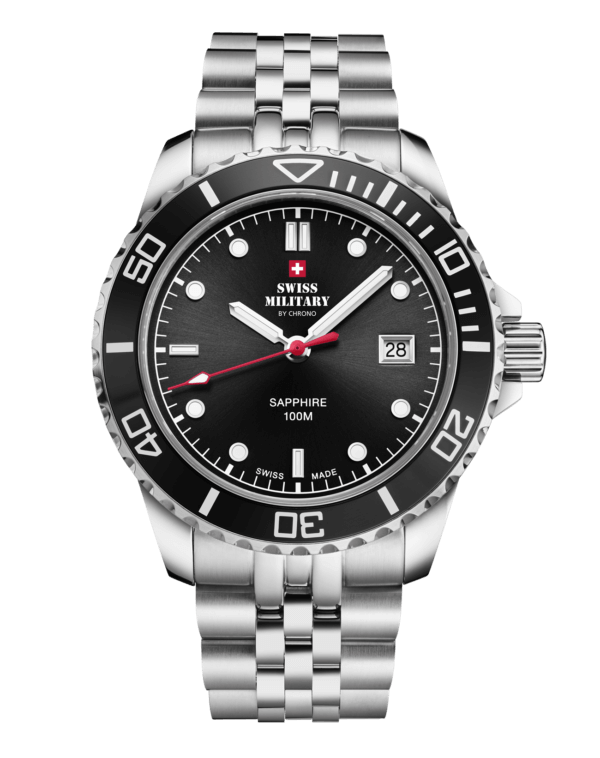 Swiss Military SM34109.01 Men's Sports Watch Black Steel with black sunray dial and rotating bezel