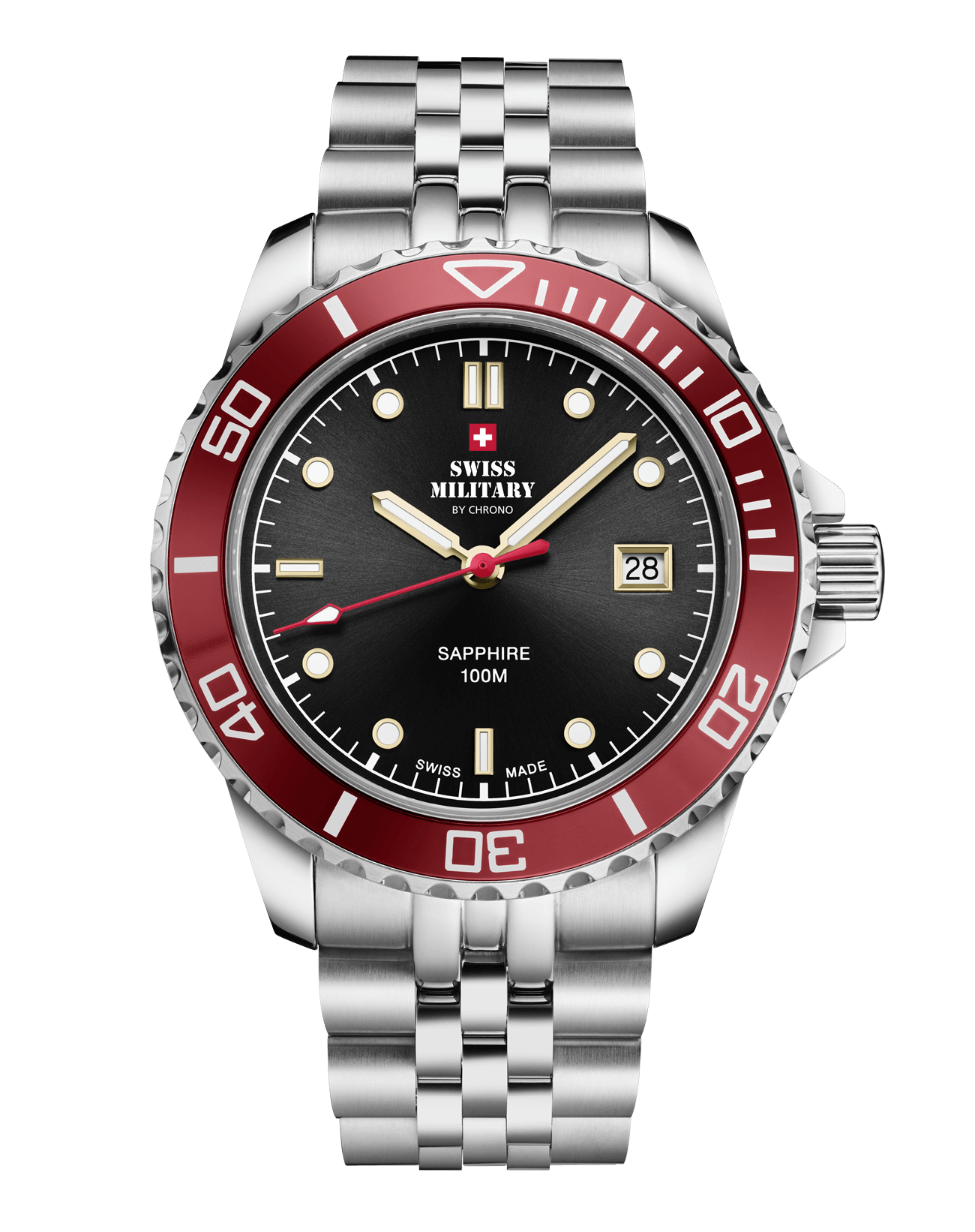 Swiss Military SM34109.04 Men's Sports Watch Red Steel with black sunray dial and red rotating bezel.