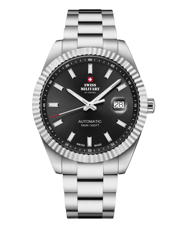 Classic Swiss automatic watch with black dial and fluted bezel – Swiss Military SMA34110.01