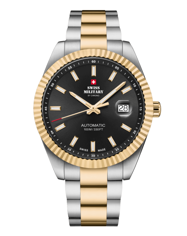 Classic Swiss automatic watch with black dial and bi-color steel bracelet