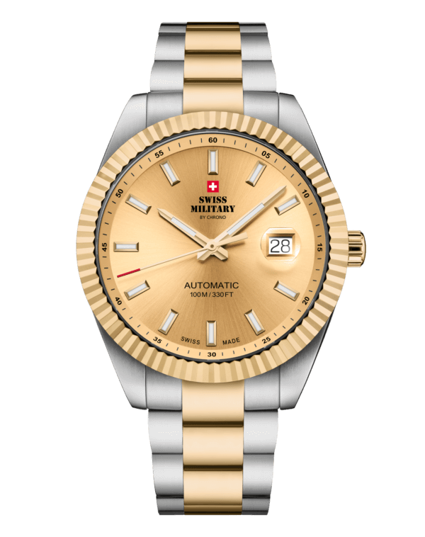 Swiss Military SMA34110.07 classic Swiss automatic watch with champagne sunray dial and bi-color stainless steel and gold-tone bracelet