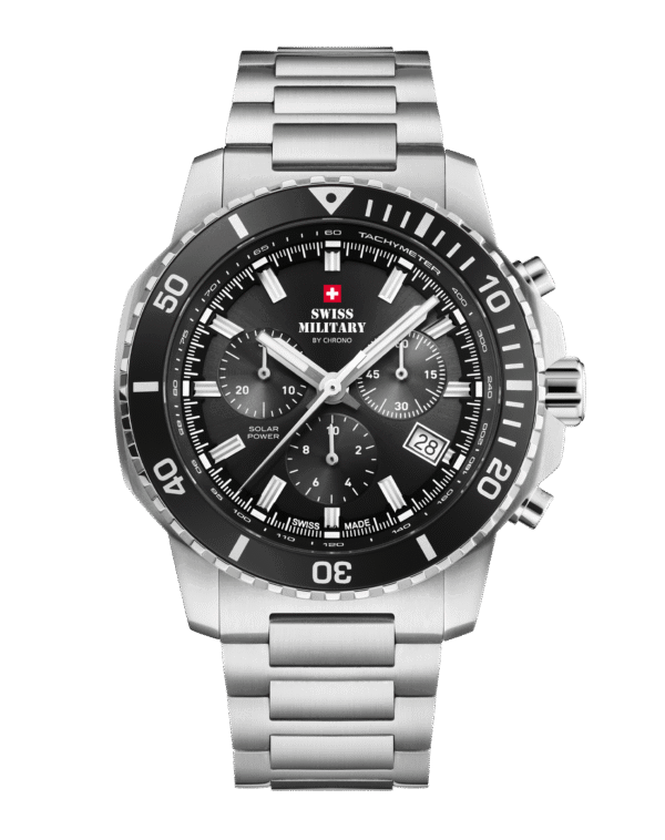 Front view of Swiss Military Solar Chronograph SMS34113.01 with black dial and stainless steel bracelet.