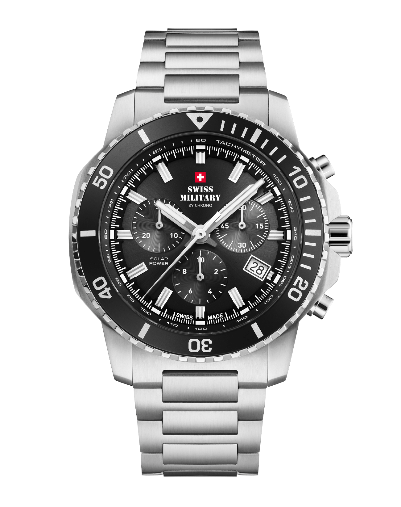 Front view of Swiss Solar Chronograph SMS34113.01 with black dial, stainless steel case and bracelet.