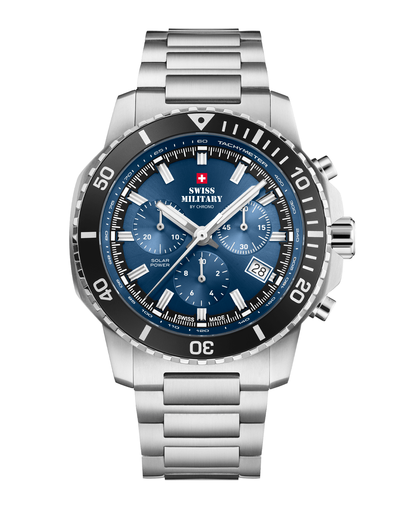 Front view of Swiss Military Solar Chronograph SMS34113.02 with blue dial and stainless steel bracelet.