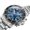 Swiss Solar Powered Chronograph SMS34113.02 angled view showing blue dial, bezel, and steel bracelet.