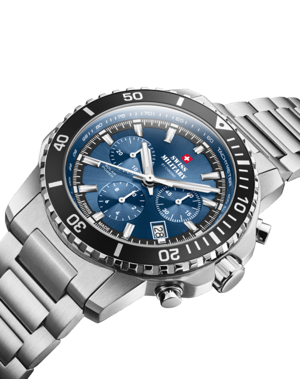 Swiss Solar Powered Chronograph SMS34113.02 angled view showing blue dial, bezel, and steel bracelet.