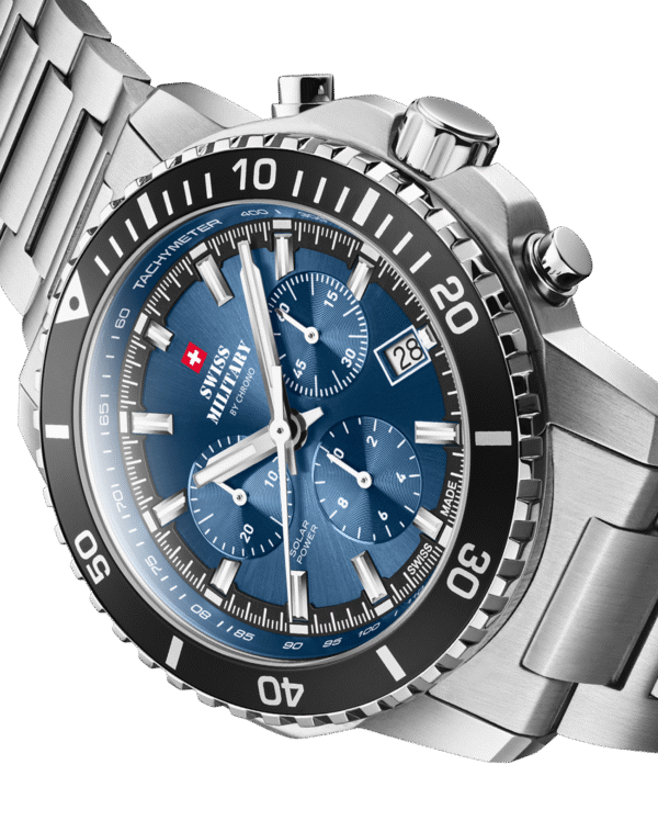 Men’s Swiss Military Chronograph SMS34113.02 with blue dial and sub-dials, angled side detail.