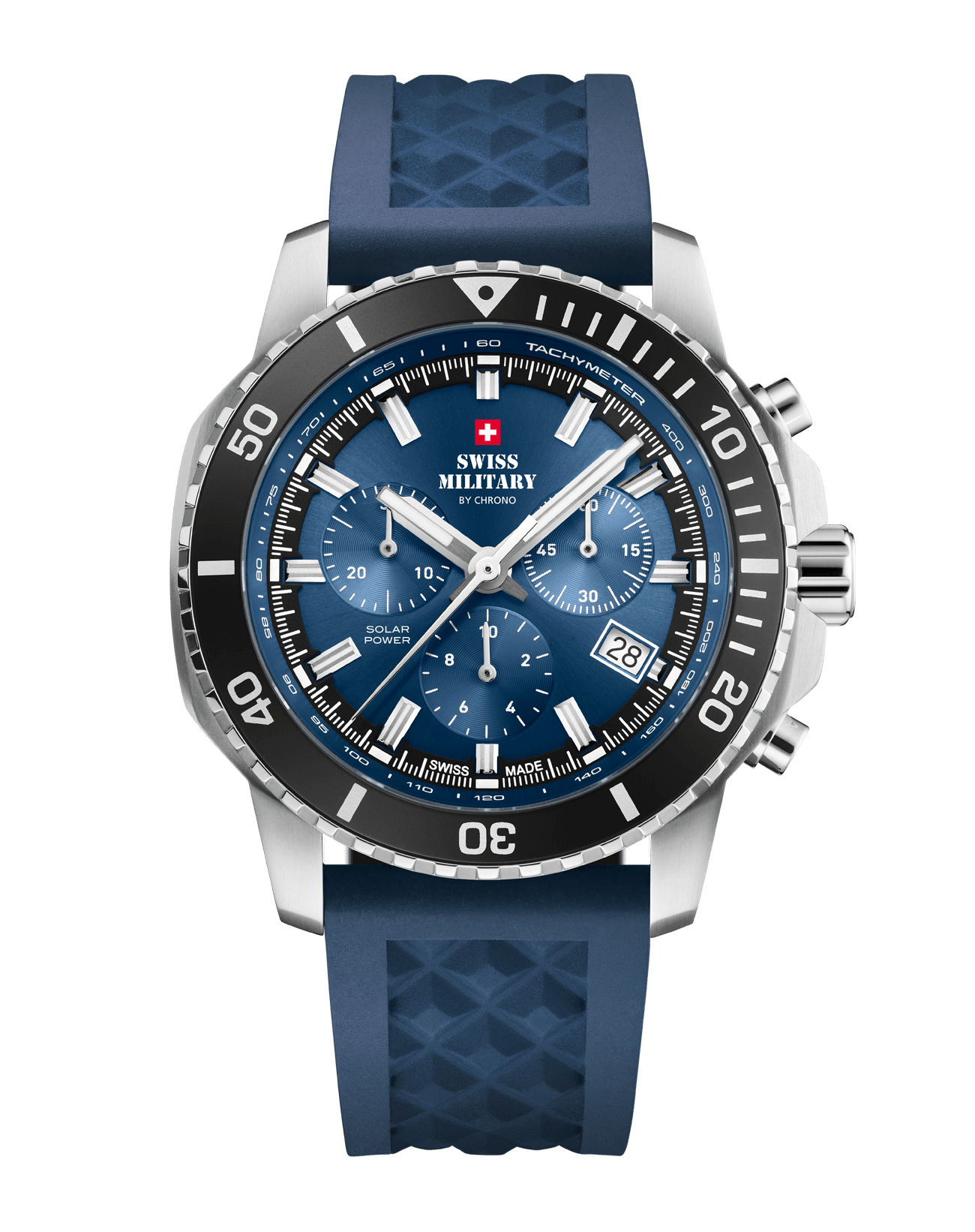 Front view of Swiss Military Solar Chronograph SMS34113.03 with blue dial and rubber strap.