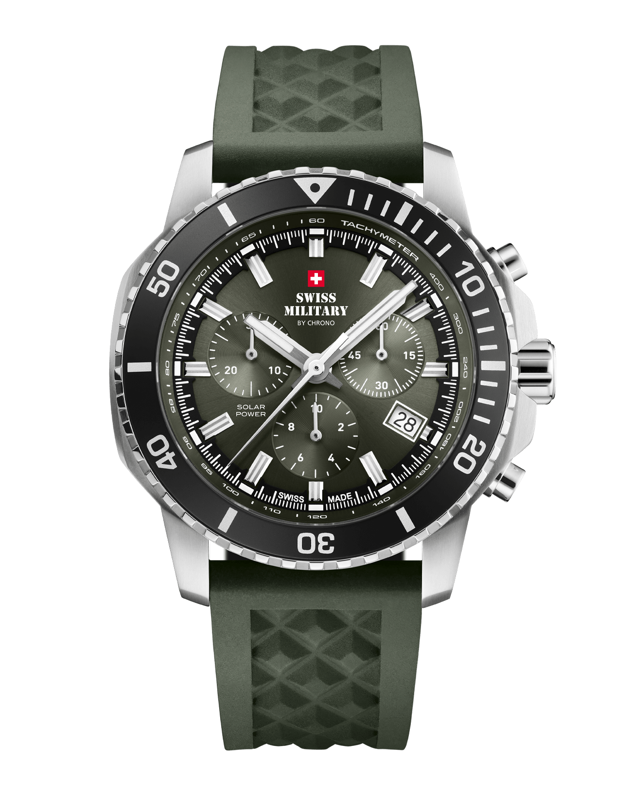 Front view of Swiss Military Solar Chronograph SMS34113.04 with green dial and rubber strap.