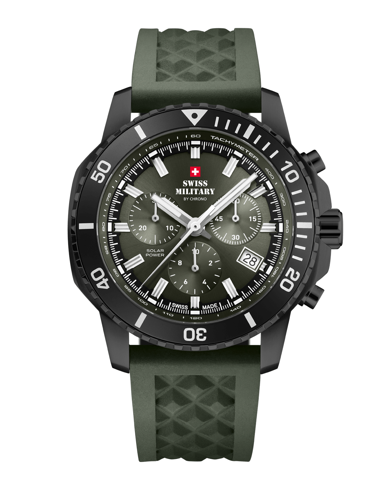Swiss Military Solar Chronograph SMS34113.06 with green dial, Black PVD case and green rubber strap.
