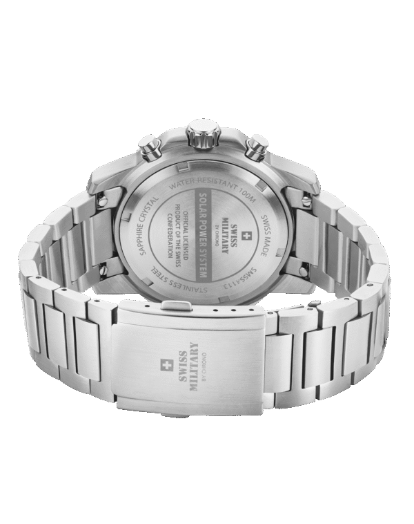 Stainless steel caseback of SMS34113.02 engraved with Swiss Solar Power System.